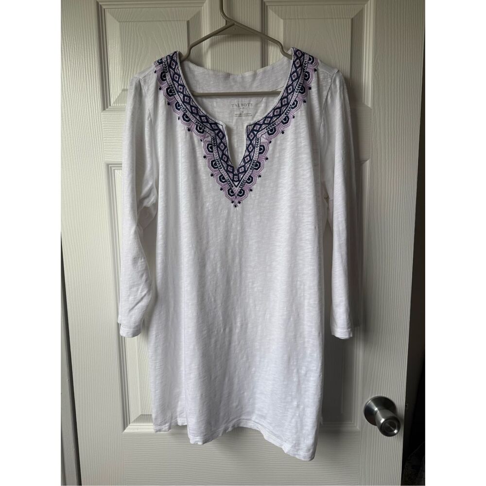 Talbots Blouse Women's 1X Cotton White Purple Embroidered Top